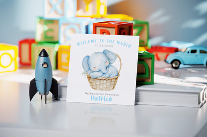 Personalised New Baby Boy Card Congratulations for Newborn Son, Grandson, Nephew, Welcome To The World Card - Elephant Design with Custom Date, Name and Message - Blue Envelope Included