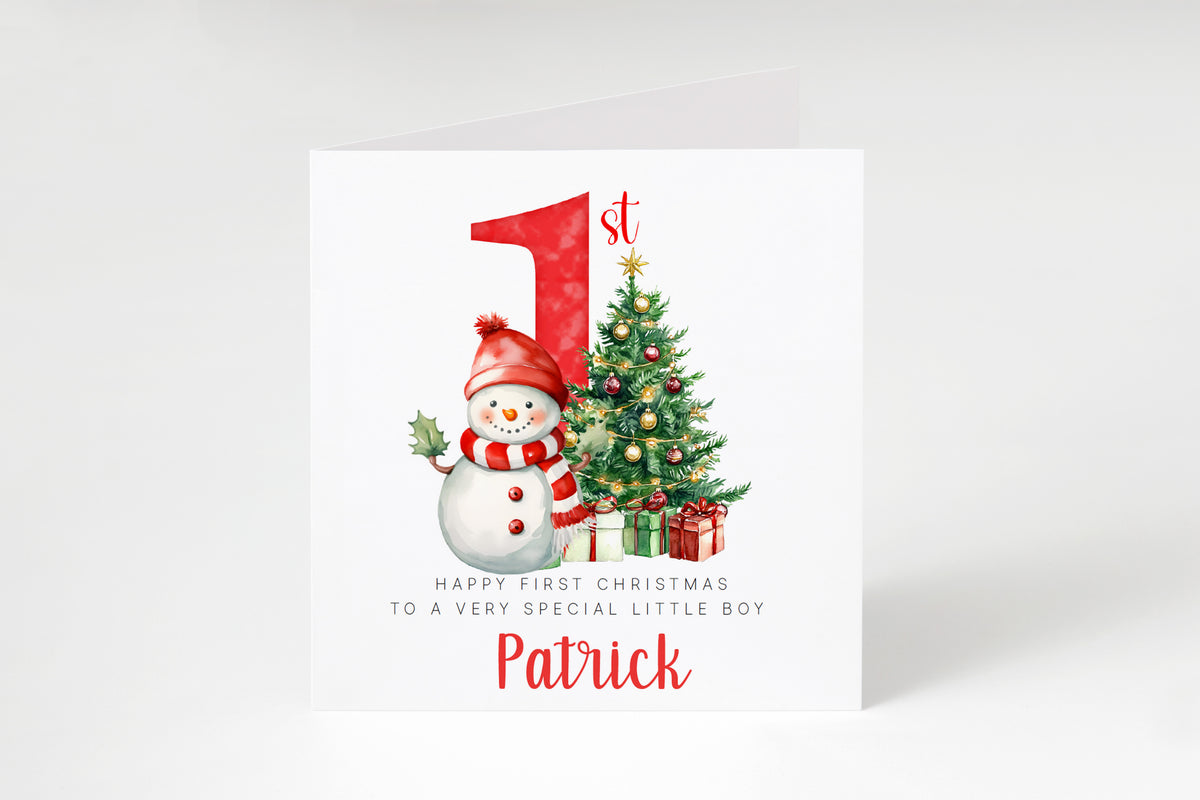 Personalised Baby Boy or Baby Girl's First Christmas Card – Snowman and Xmas Tree