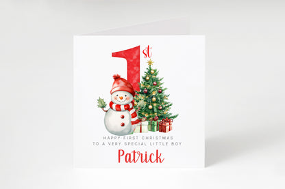 Personalised Baby Boy or Baby Girl's First Christmas Card – Snowman and Xmas Tree