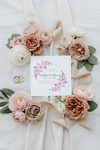 Personalised Floral Wedding Card with Custom Couple's Names & Wedding Date –  Romantic Flower Wreath Design - Wedding Congratulations Card for Newlywed couple, Him or Her - Purple Envelope Included