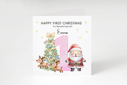 Personalised 1st Christmas Card for Baby Girl– Cute Santa and Xmas Tree Design with Customised Name and Message - First Xmas Card for Daughter, GrandDaughter, Niece - Pink Envelope Included