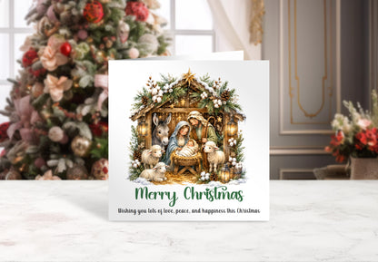 Nativity Christmas Card - Cute Sheep, Donkey, Baby Jesus Design - Elegant Religious Christmas Greeting Card