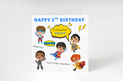 Personalised Superhero 5th Birthday Card for Boys – Superheros Design with Custom Name for Age 5 Years Old, Fifth Birthday Kids, Little Birthday Hero, Son, Grandson, Nephew –  Blue Envelope Included