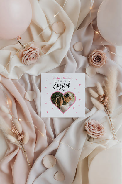 Personalised Photo Engagement Card – Custom Photo & Couple's Names - Heart Photo Frame Design - Congratulations Engagement Card for Newly Engaged Couples - Pink Envelope Included