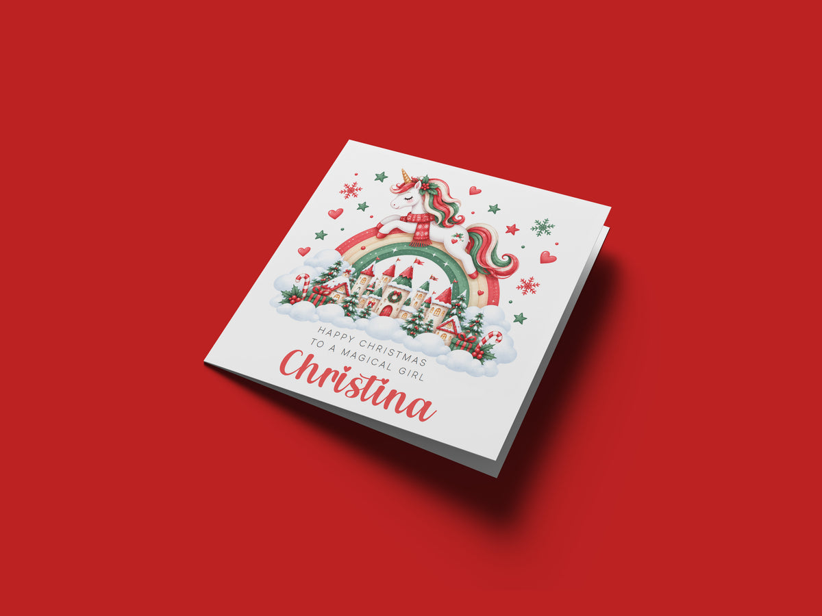 Personalised Christmas Card for Girls – Beautiful Magical Unicorn and Xmas Castle