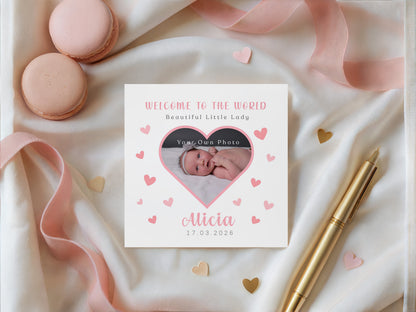 Personalised Phoro New Baby Girl Card Congratulations for Newborn Daughter, Granddaughter, Niece - Welcome To The World Card with Heart Frame Design - Custom Photo, Name & Date with Pink Envelope