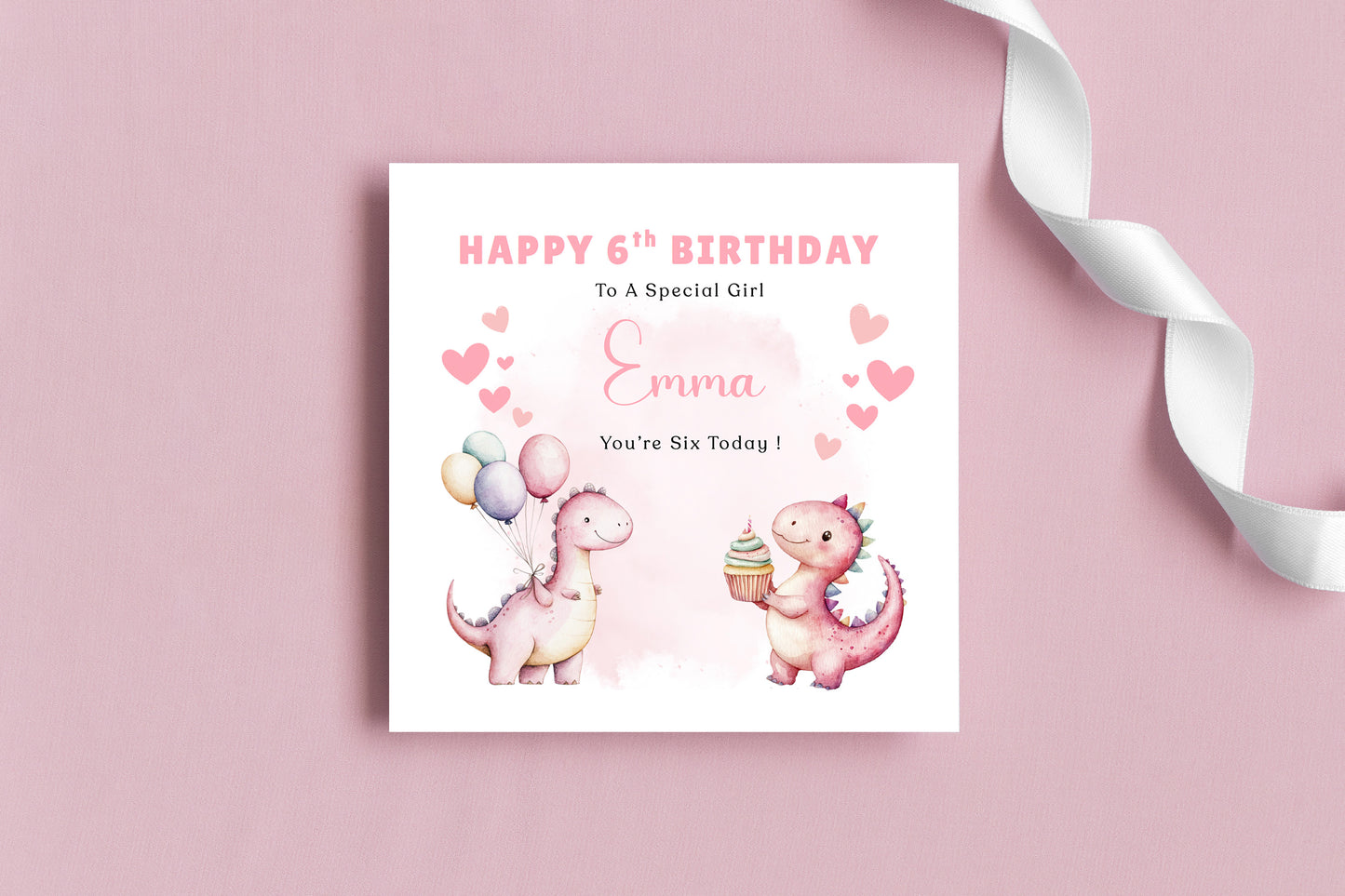 Personalised 6th Birthday Card for Girls – Cute Dinosaurs Design with Custom Name and Message – Age 6 Years Old Birthday Card for Girls, Kids, Daughter, Granddaughter, Niece – Pink Envelope Included