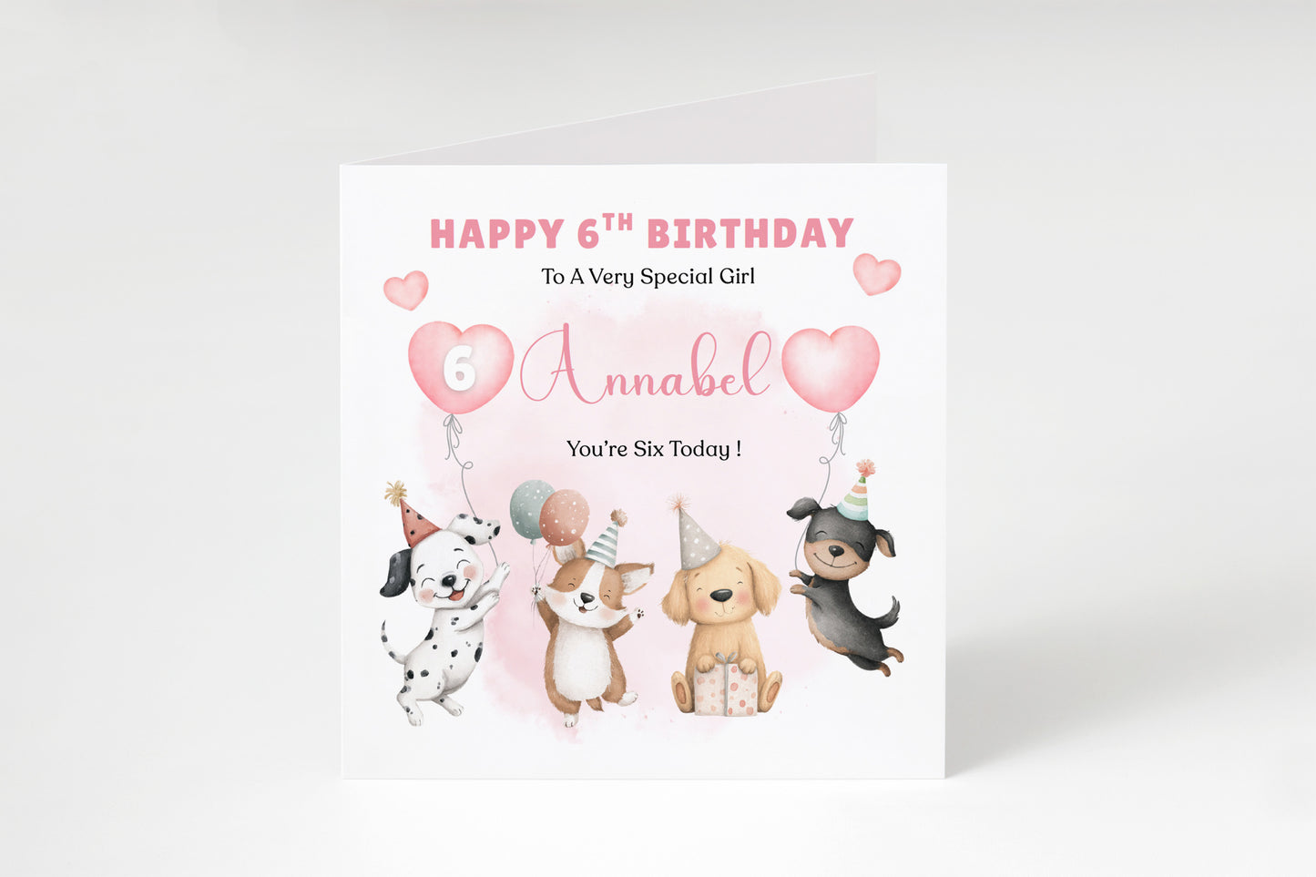 Personalised 6th Birthday Card for Girls – Cute Puppy Dogs Design with Custom Name and Message – Age 6 Years Old Birthday Card for Girls, Kids, Daughter, Granddaughter, Niece – Pink Envelope Included