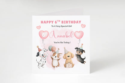 Personalised 6th Birthday Card for Girls – Cute Puppy Dogs Design with Custom Name and Message – Age 6 Years Old Birthday Card for Girls, Kids, Daughter, Granddaughter, Niece – Pink Envelope Included