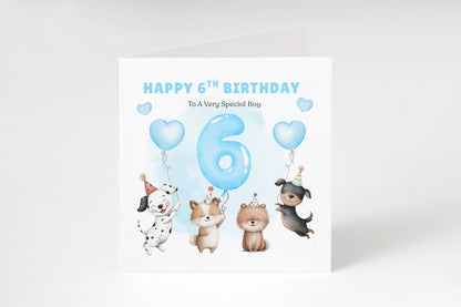 Happy 6th Birthday Card for Boys - Cute Puppy Dogs and Balloon Design - Cute Birthday Card for Age 6 Years Old Boy, Kids, Children, Boy, Son, Grandson, Nephew– Blue Envelope Included