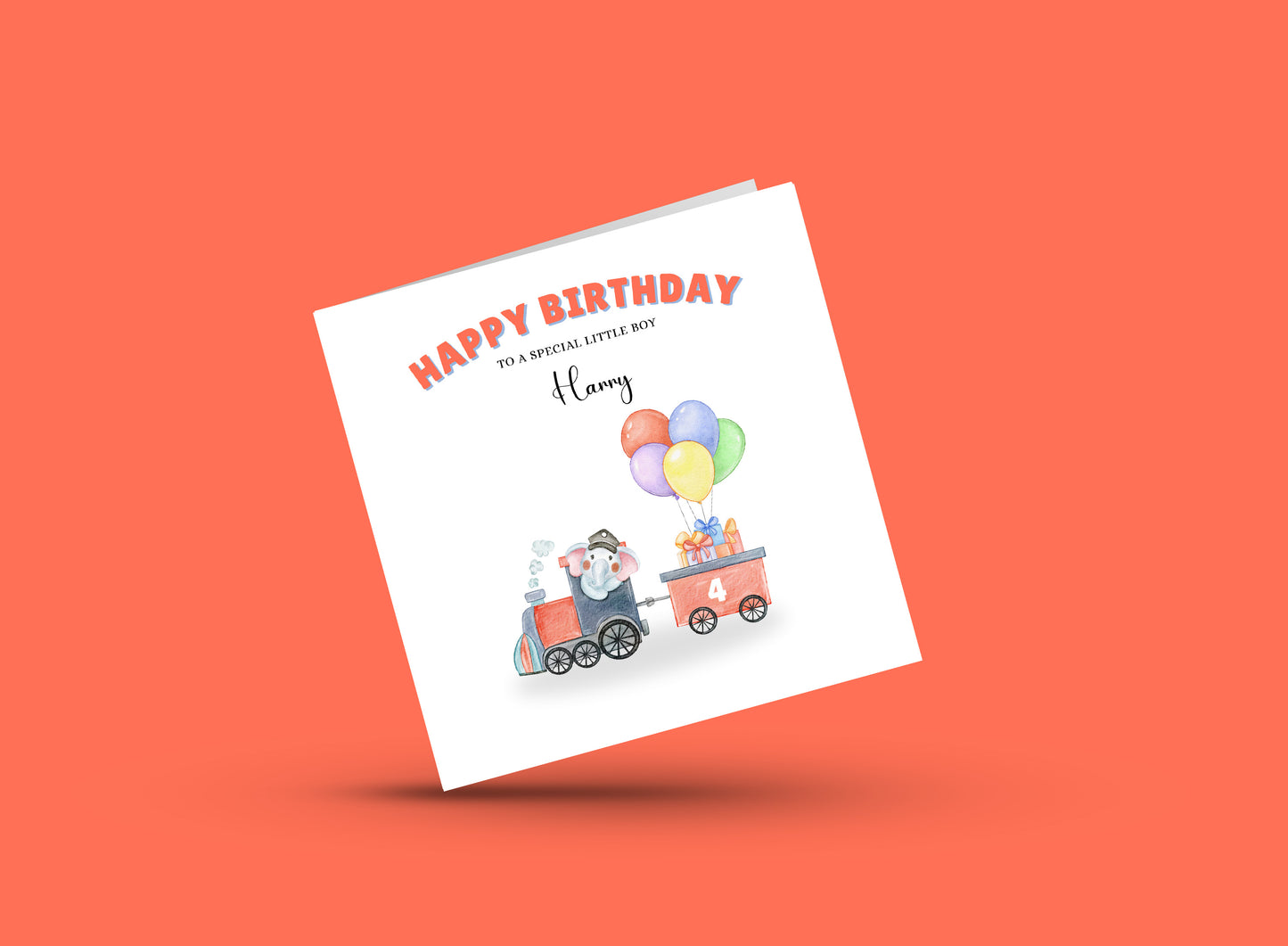 Elephant in a Train-Personalised Birthday Folded Card for Boys, Custom Name and Message Watercolour Style Happy Birthday Card, Any Age Birthday, 1st 2nd 3rd 4th 5th 6th 7th 8th 9th 10th, Customisable Birthday Card