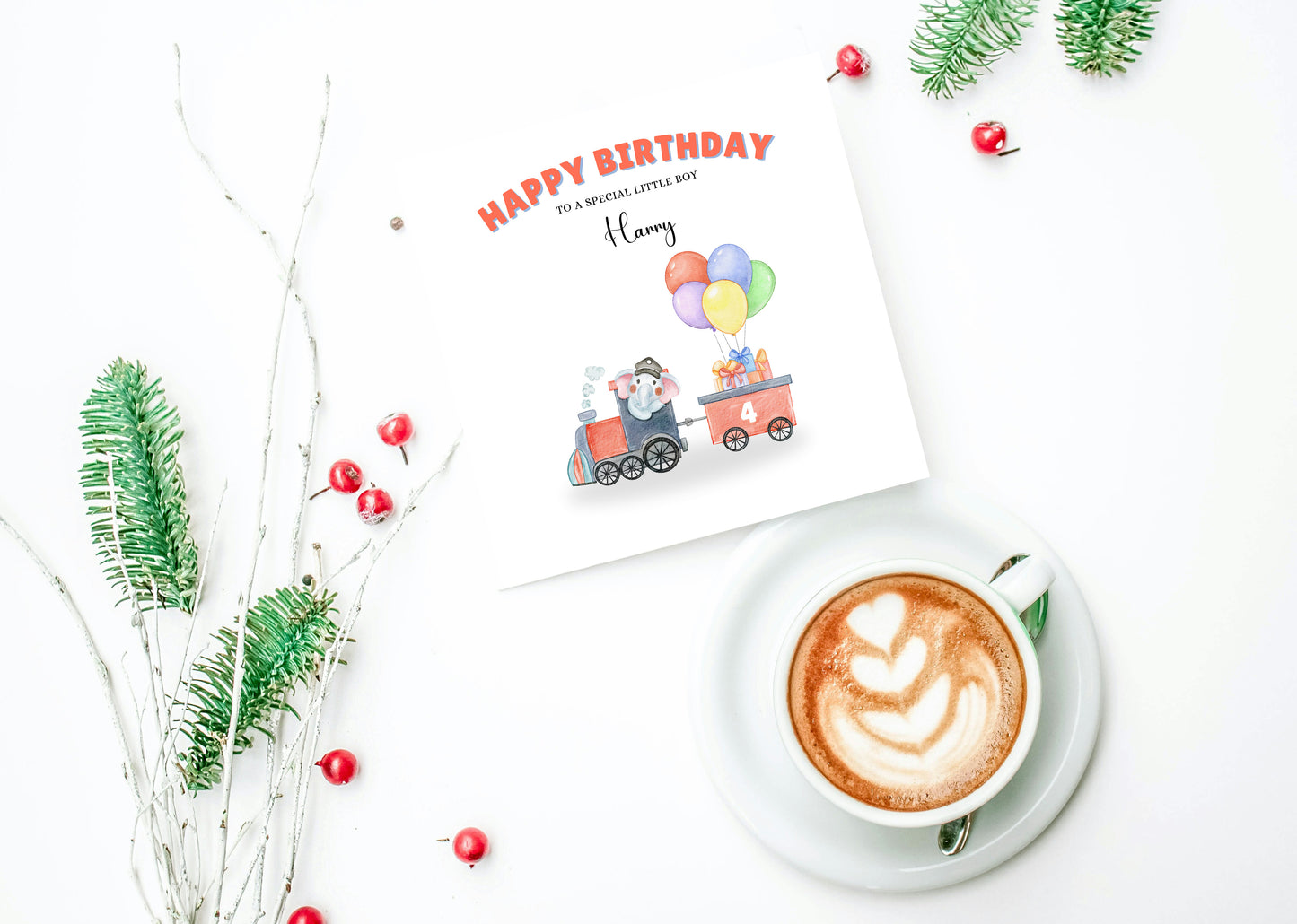 Elephant in a Train-Personalised Birthday Folded Card for Boys, Custom Name and Message Watercolour Style Happy Birthday Card, Any Age Birthday, 1st 2nd 3rd 4th 5th 6th 7th 8th 9th 10th, Customisable Birthday Card