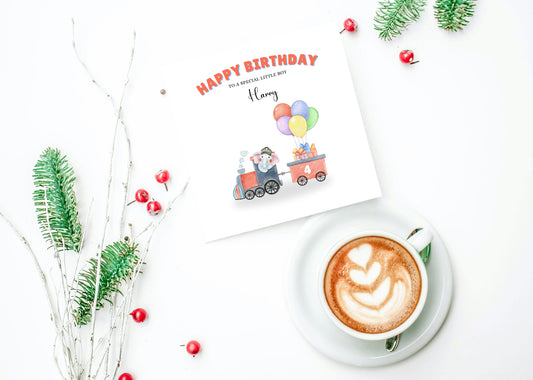 Elephant in a Train-Personalised Birthday Folded Card for Boys, Custom Name and Message Watercolour Style Happy Birthday Card, Any Age Birthday, 1st 2nd 3rd 4th 5th 6th 7th 8th 9th 10th, Customisable Birthday Card