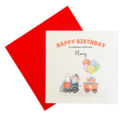 Elephant in a Train-Personalised Birthday Folded Card for Boys, Custom Name and Message Watercolour Style Happy Birthday Card, Any Age Birthday, 1st 2nd 3rd 4th 5th 6th 7th 8th 9th 10th, Customisable Birthday Card