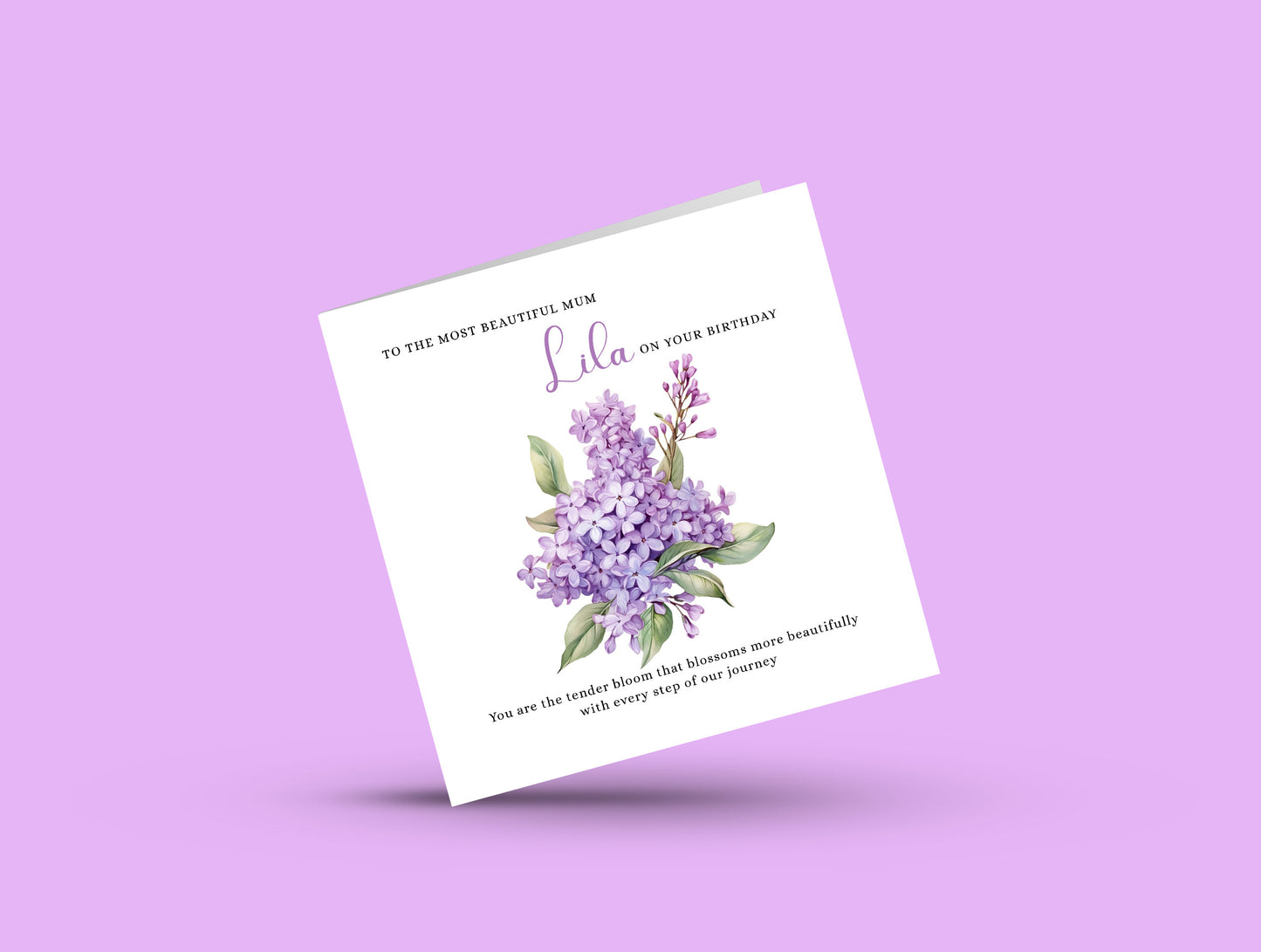 Personalised Mum Birthday Card – Elegant Lilac Flower Design – Custom Name & Message – Handmade Floral Watercolour Card for Mother, Mummy, Mam – Purple Envelope Included