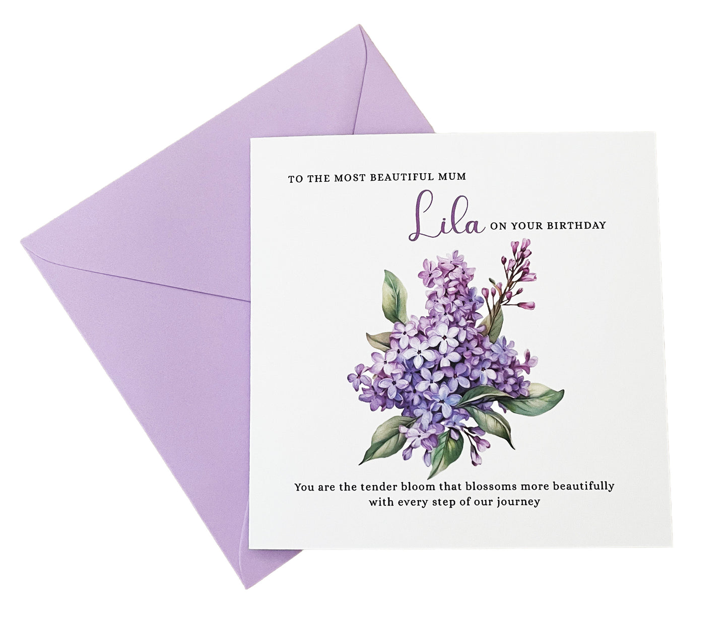 Personalised Mum Birthday Card – Elegant Lilac Flower Design – Custom Name & Message – Handmade Floral Watercolour Card for Mother, Mummy, Mam – Purple Envelope Included