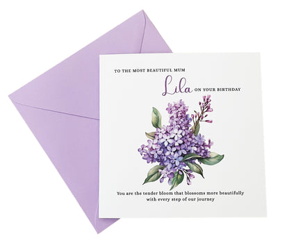 Personalised Mum Birthday Card – Elegant Lilac Flower Design – Custom Name & Message – Handmade Floral Watercolour Card for Mother, Mummy, Mam – Purple Envelope Included