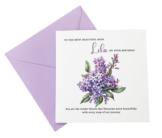 Personalised Mum Birthday Card – Elegant Lilac Flower Design – Custom Name & Message – Handmade Floral Watercolour Card for Mother, Mummy, Mam – Purple Envelope Included