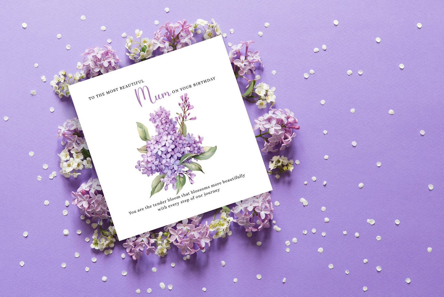 Lilac Floral Birthday Card – Watercolour Flowers for Mum or Mother - Purple Envelope Included
