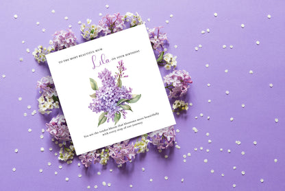Personalised Mum Birthday Card – Elegant Lilac Flower Design – Custom Name & Message – Handmade Floral Watercolour Card for Mother, Mummy, Mam – Purple Envelope Included
