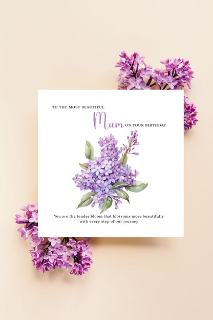 Lilac Floral Birthday Card – Watercolour Flowers for Mum or Mother - Purple Envelope Included