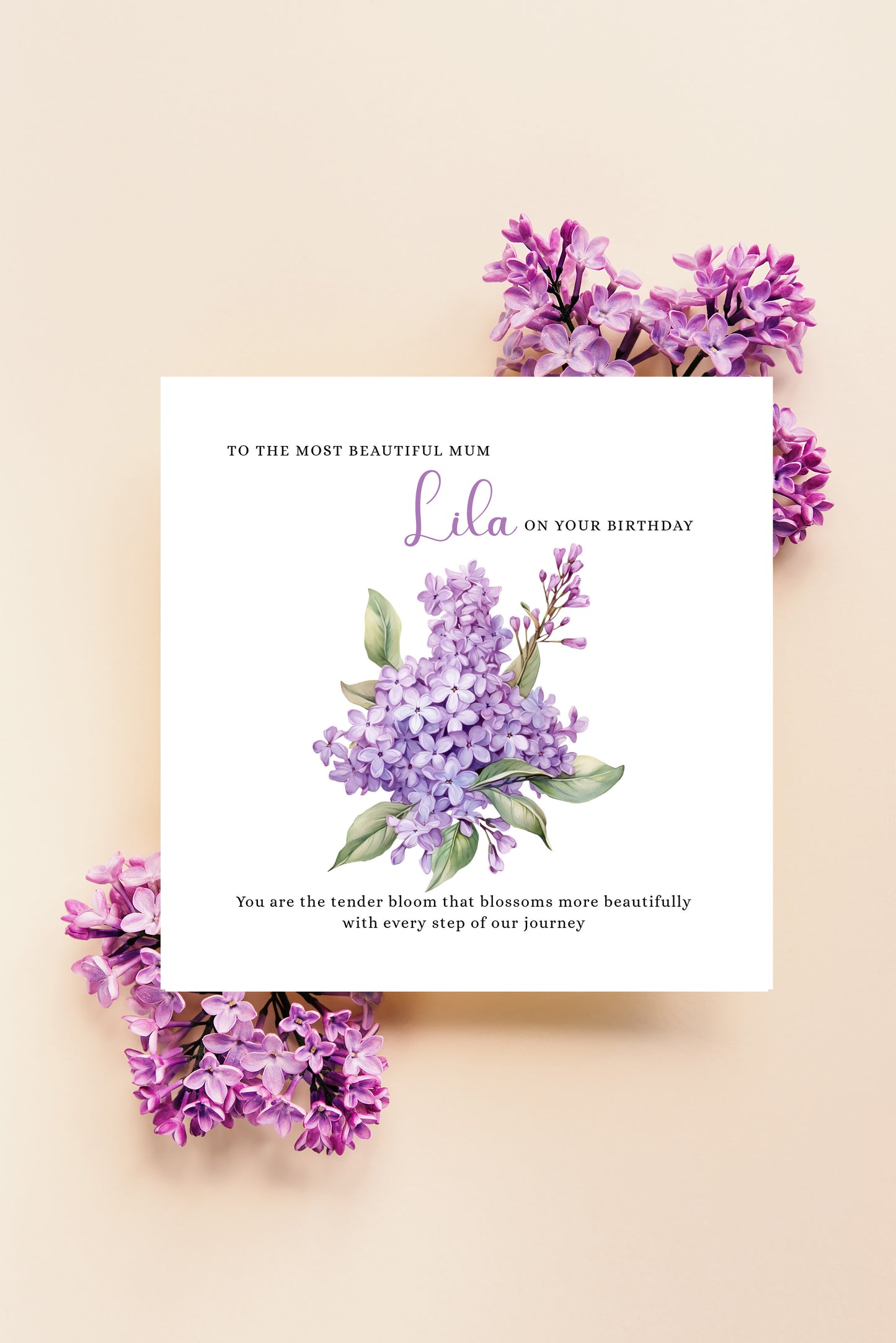 Personalised Mum Birthday Card – Elegant Lilac Flower Design – Custom Name & Message – Handmade Floral Watercolour Card for Mother, Mummy, Mam – Purple Envelope Included