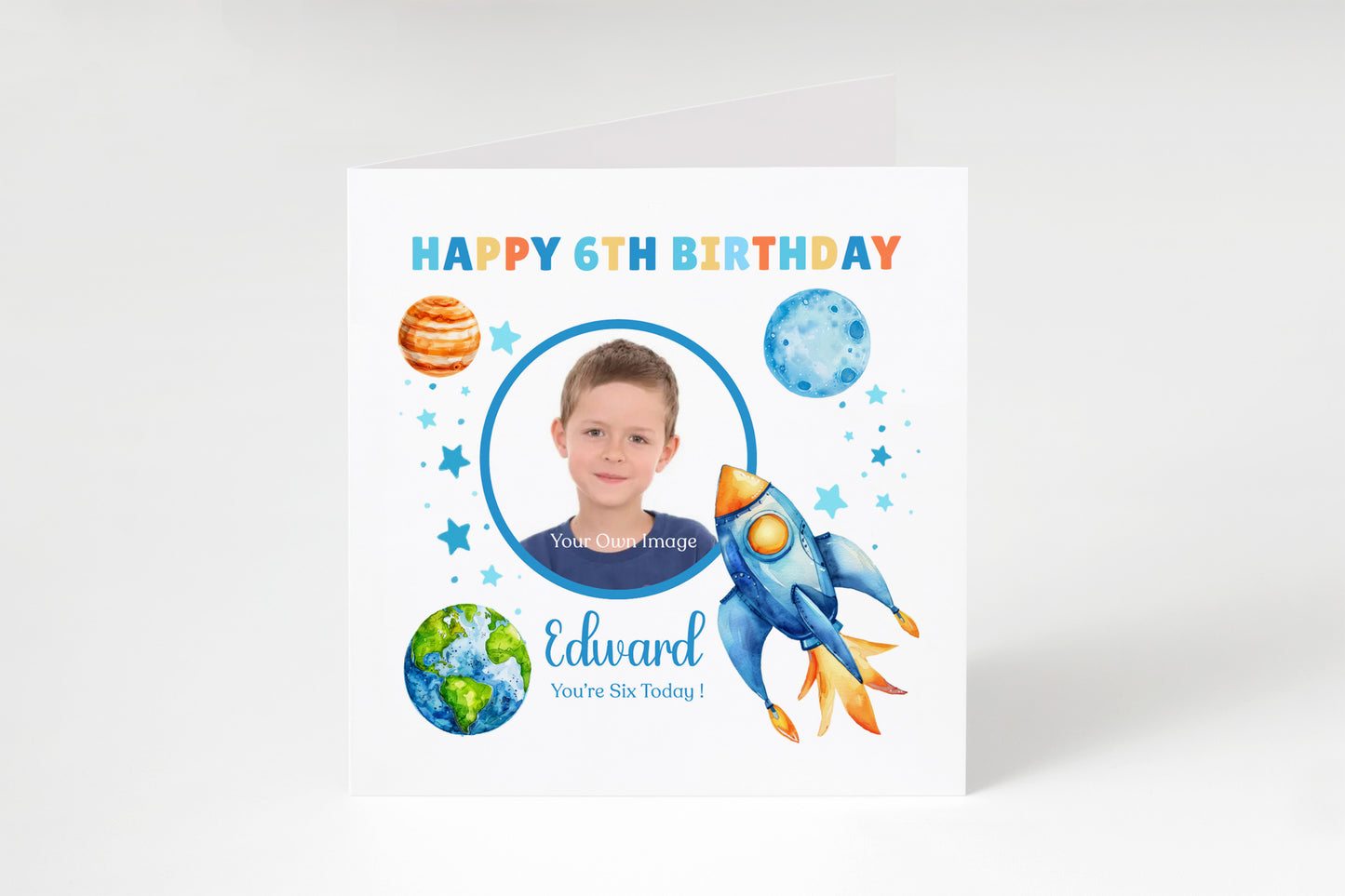 Personalised Photo 6th Birthday Card for Boys – Space-Themed Design with Custom Name and Message, Age 6 Years Old Birthday Card for Kids, Children, Boy, Son, Grandson, Nephew – Blue Envelope Included
