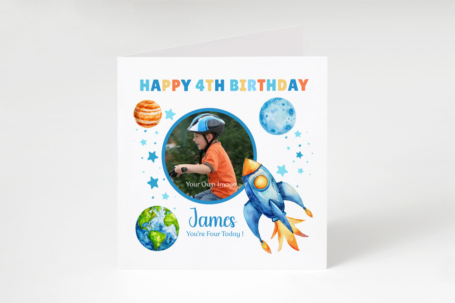 Personalised Photo 4th Birthday Card for Boys – Space-Themed Design with Custom Name and Message, Age 4 Years Old Birthday Card for Kids, Children, Boy, Son, Grandson, Nephew – Blue Envelope Included