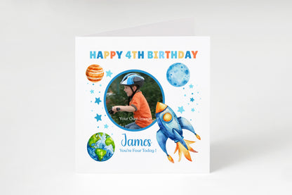 Personalised Photo 4th Birthday Card for Boys – Space-Themed Design with Custom Name and Message, Age 4 Years Old Birthday Card for Kids, Children, Boy, Son, Grandson, Nephew – Blue Envelope Included