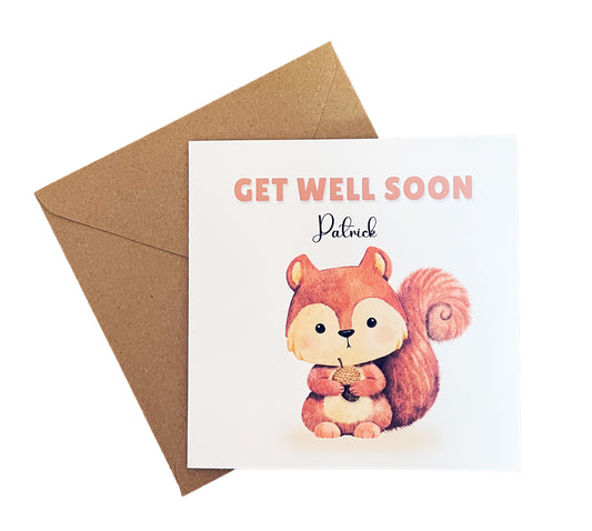 Squirrel-Personalised Get Well Soon Card, Thinking of You Folded Card, Sympathy, Sorry for your Loss Folded Card