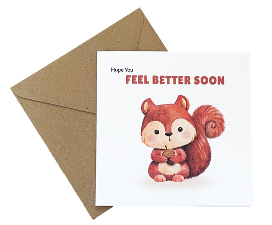 Hope You Feel Better Soon Card - Cute Squirrel Design - Get Well Soon Greeting Card for Friends, Kids, loved Ones - Brown Envelope Included