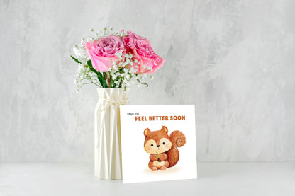 Hope You Feel Better Soon Card - Cute Squirrel Design - Get Well Soon Greeting Card for Friends, Kids, loved Ones - Brown Envelope Included
