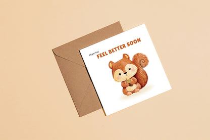 Hope You Feel Better Soon Card - Cute Squirrel Design - Get Well Soon Greeting Card for Friends, Kids, loved Ones - Brown Envelope Included