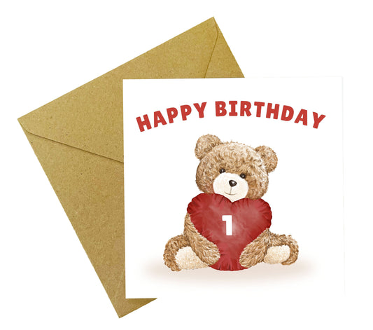 Teddy Bear Birthday Card for Boys and Girls – Heart Cushion with Age (1st, 2nd, 3rd, 4th, 5th, 6th, 7th, 8th, 9th, 10th or Any Age ) Children's Birthday Card – Brown Envelope Included