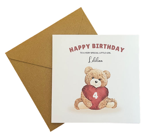 Teddy Bear with Heart-shaped Cushion -Personalised Birthday Folded Card for Girls, Custom Name, Age and Message, Watercolour Effect Happy Birthday Card, Any Age Birthday, 1st 2nd 3rd 4th 5th 6th 7th 8th 9th 10th, Customisable Birthday Card for Children