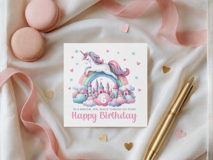 Magical Birthday Card for 6 Years Old 6th Birthday Girls – Sweet Unicorn and Rainbow Design - Age 6 Birthday Card for Kids Children Daughter Granddaughter Niece - Pink Envelope Included