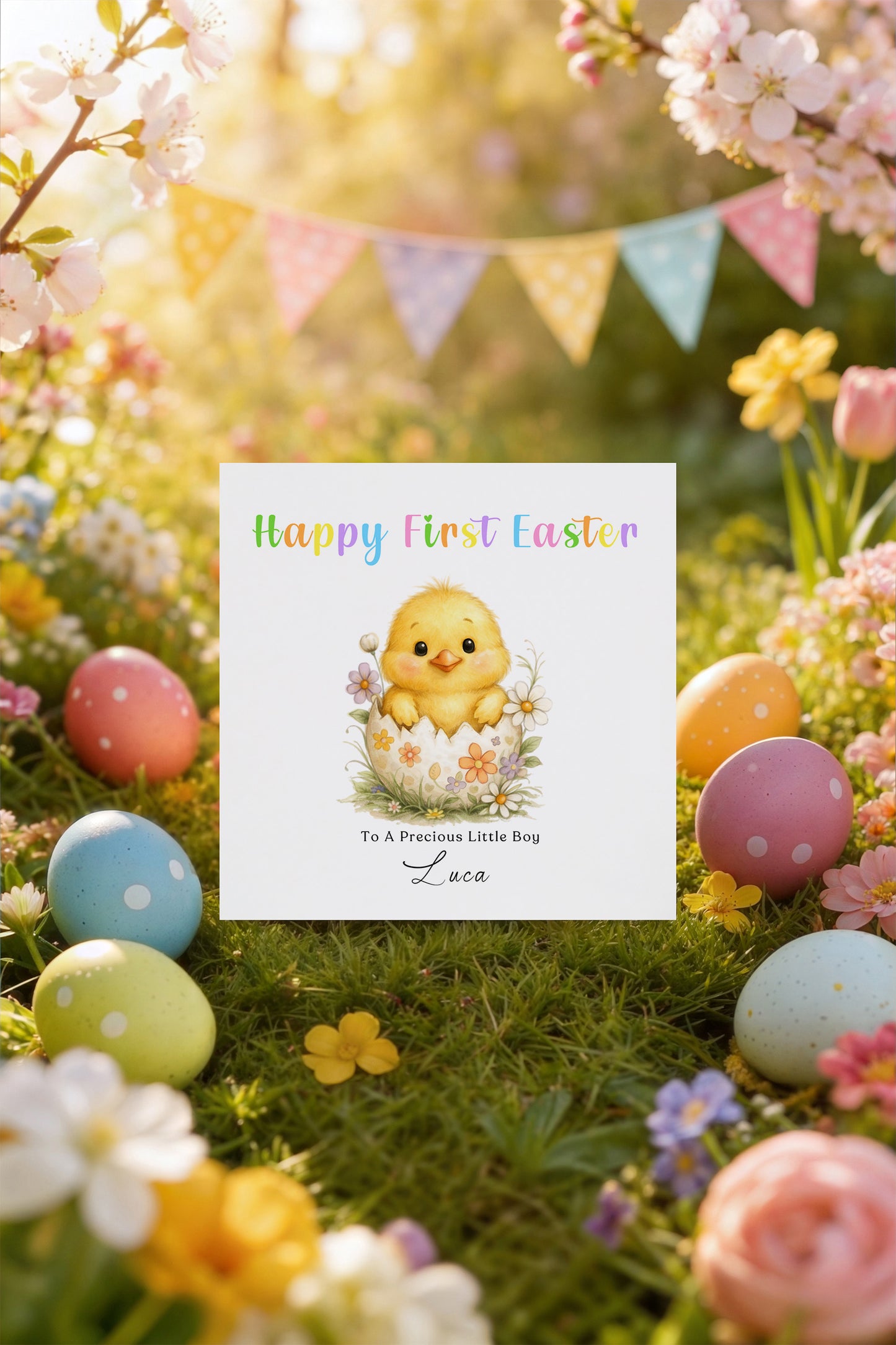 Personalised 1st Happy Easter Card for Baby Girl, Baby Boy with Custom Name and Message - Cute Fluffy Chick Design - First Easter Card for Grandkids, Nephew, Niece, Kids, Little One with Yellow Envelope