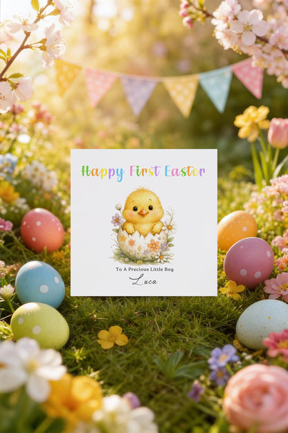 Personalised 1st Happy Easter Card for Baby Girl, Baby Boy with Custom Name and Message - Cute Fluffy Chick Design - First Easter Card for Grandkids, Nephew, Niece, Kids, Little One with Yellow Envelope