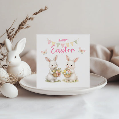 Happy Easter Card with Two Bunnies Design for Girls,  Mum, Grandma, Auntie, Daughter, Granddaughter, Niece, Baby Girl, Little One – Pink Envelope Included