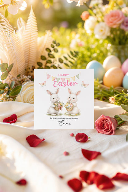 Personalised Happy Easter Card with Custom Name and Message - Two Bunnies Design for Girls,  Mum, Grandma, Auntie, Daughter, Granddaughter, Niece, Baby Girl, Little One – Pink Envelope Included