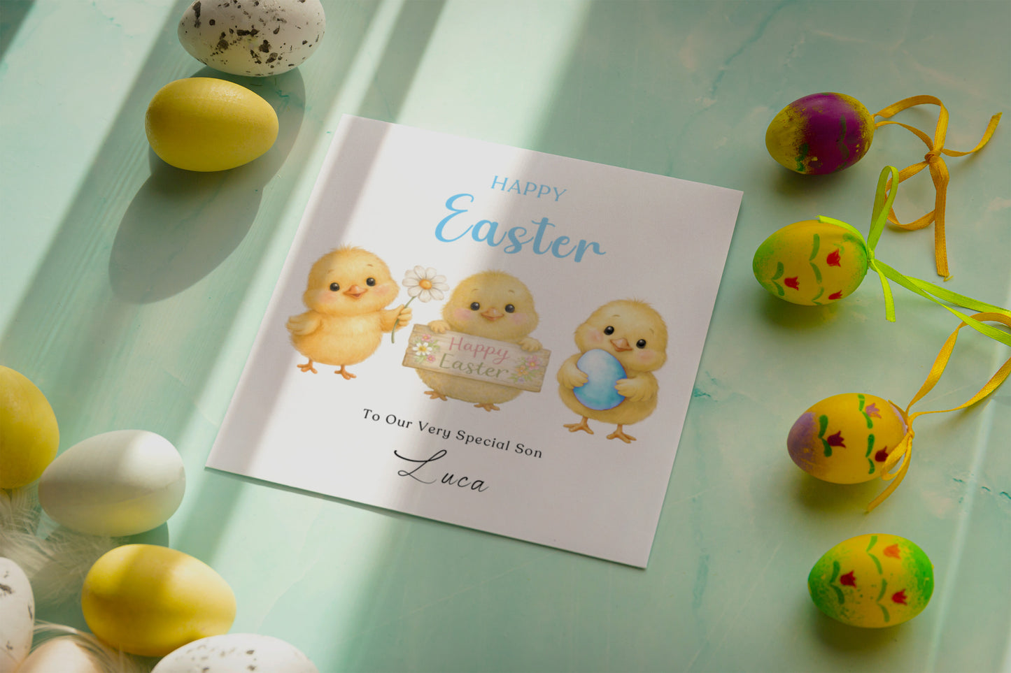 Personalised Happy Easter Card for Boys with Custom Name and Message - Cute Baby Chick Design for Son, Grandson, Nephew, Kids, Boy, Baby boy, Little One – Blue Envelope Included