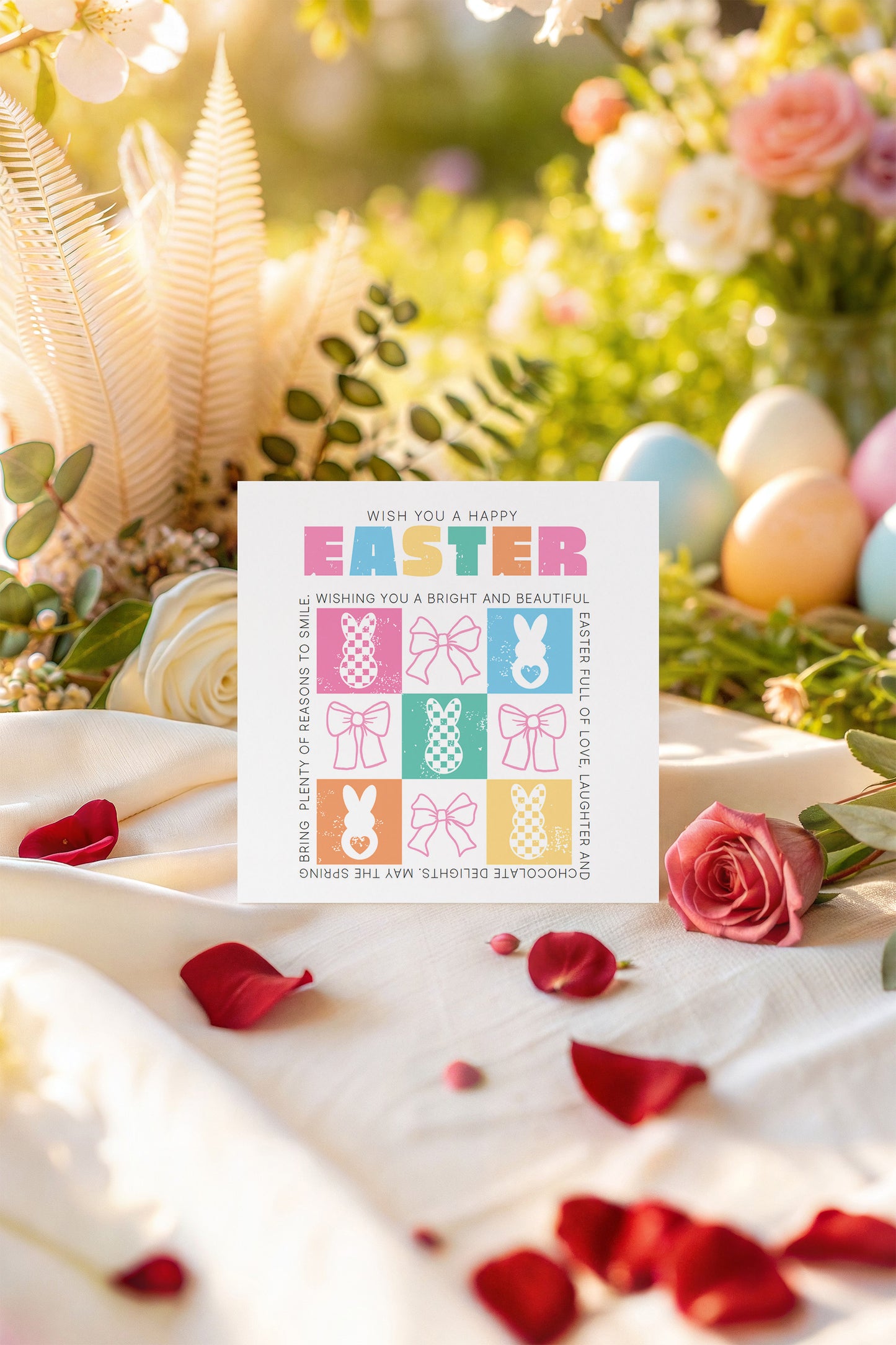 Cute Checkerboard Bunny Happy Easter Card – Bunny & Bow Design – Sweet Easter Wishes and Spring Greeting Card for Family, Girls, Teens, Friends, Kids, Loved Ones - Pink Envelope Included