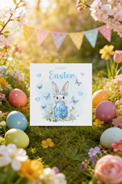 Personalised Happy Easter Bunny Card for Boys with Custom Name - Easter Rabbit and Egg Design for Son, Grandson, Nephew, Kids, Boy, Baby boy, Little One – Blue Envelope Included
