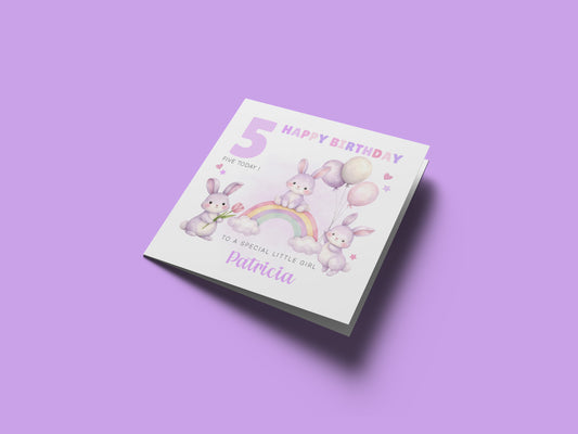 Personalised Bunny 5 Years Old 5th Birthday Card for Girls – Purple Rabbit Design with Custom Name & Message - Age 5 Girl, Kids,Children, Daughter, Granddaughter, Niece - Purple Envelope Includeder Niece - Pink Envelope Included