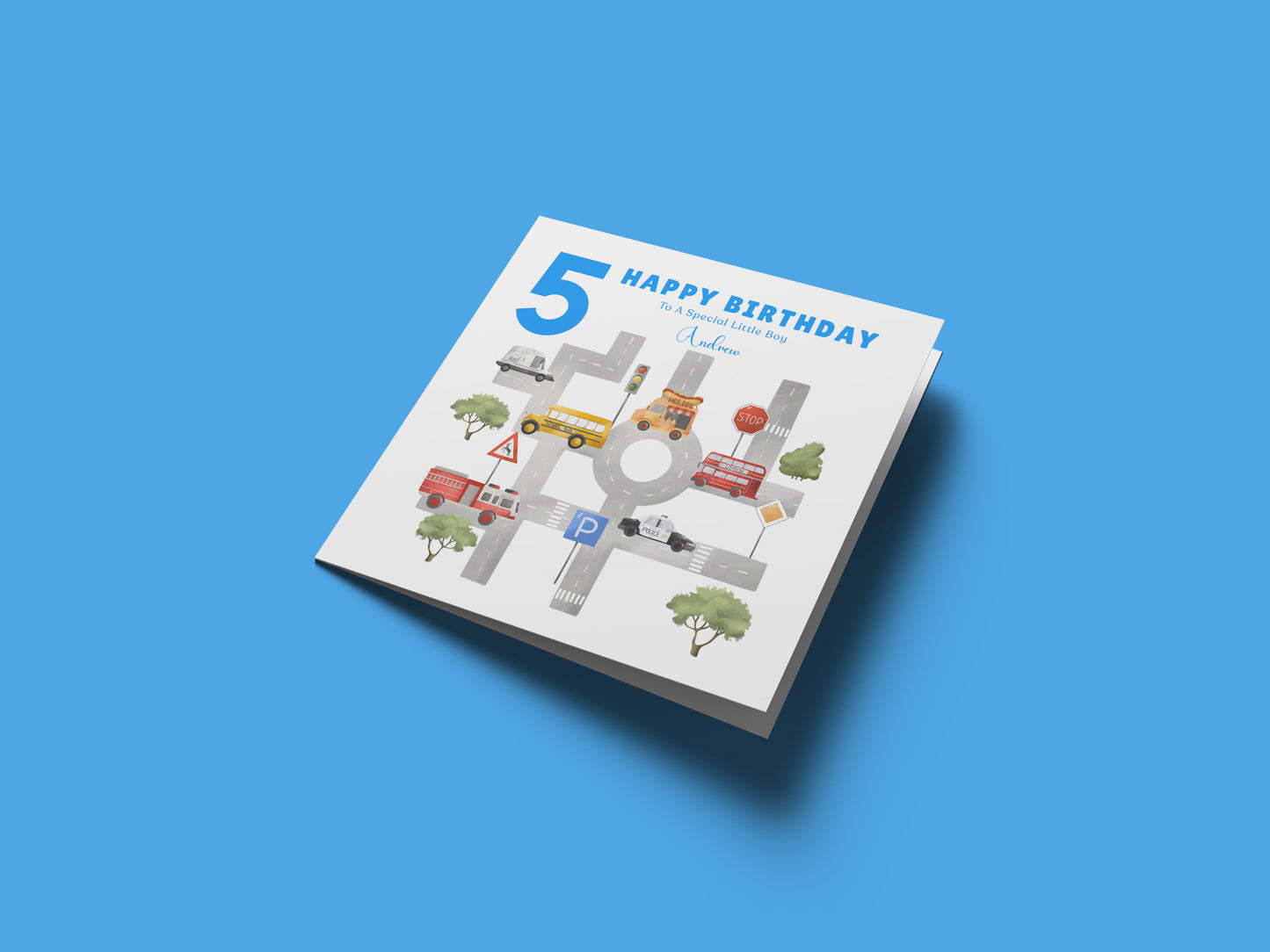Personalised 5th Birthday Card for Boys – Cars, Transport Theme with Custom Name and Message, Age 5 Years Old Birthday Card for Kids, Children, Boy, Son, Grandson, Nephew – Blue Envelope Included
