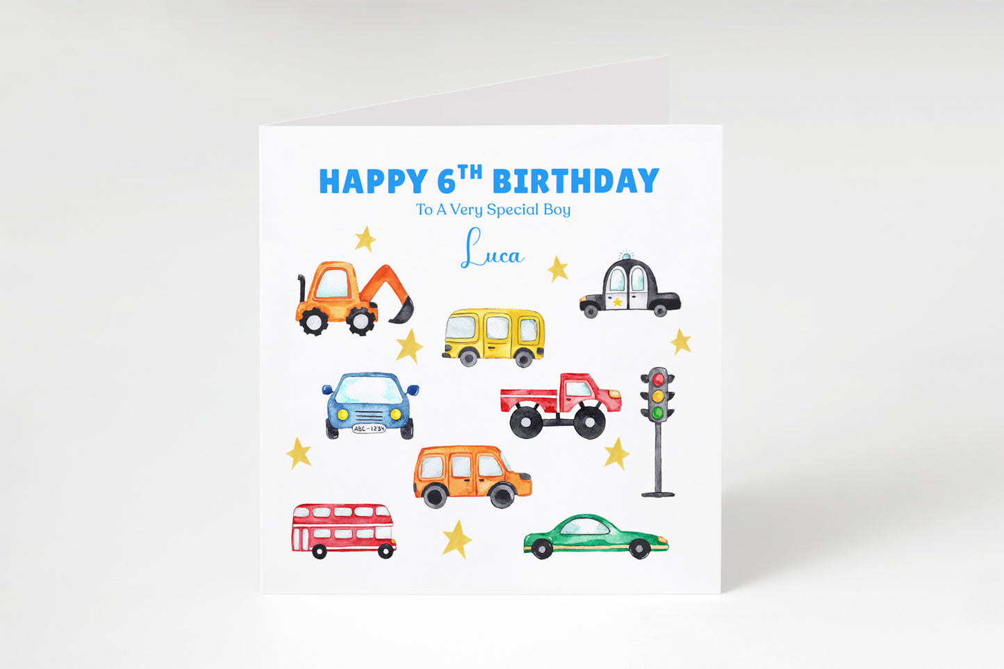 Personalised 6th Birthday Card for Boys – Car Digger Bus Design with Custom Name and Message, Age 6 Years Old Birthday Card for Kids, Children, Boy, Son, Grandson, Nephew– Blue Envelope Included