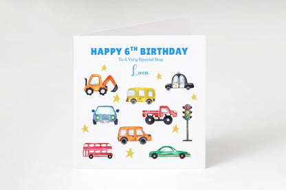 Personalised 6th Birthday Card for Boys – Car Digger Bus Design with Custom Name and Message, Age 6 Years Old Birthday Card for Kids, Children, Boy, Son, Grandson, Nephew– Blue Envelope Included