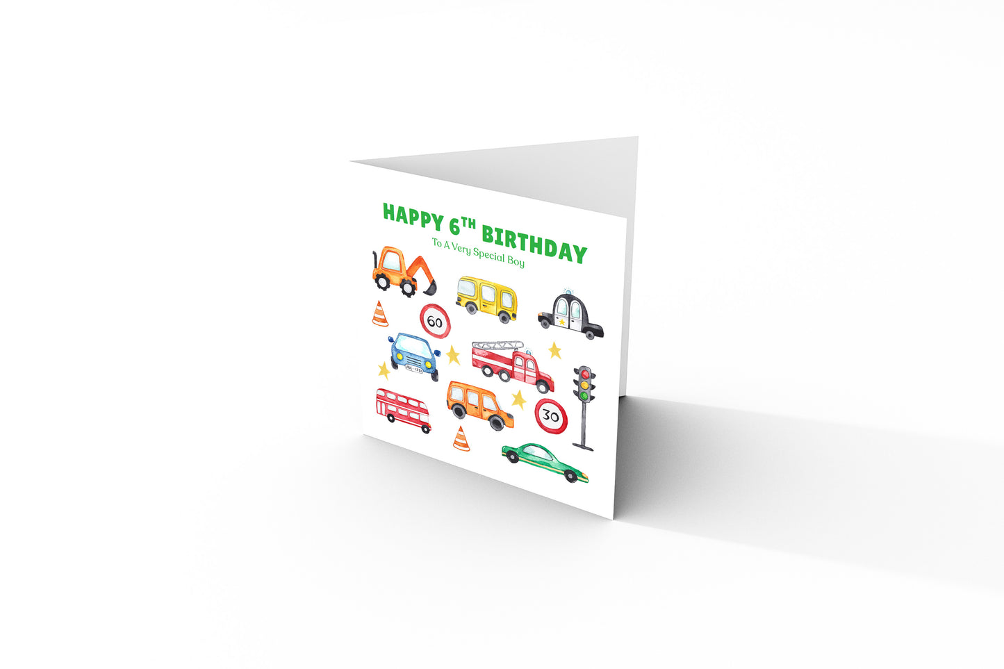 Happy 6th Birthday Card for Boys – Car Digger Bus Design, Boy Vehicle Birthday Card, Age 6 Years Old Birthday Card for Kids, Children, Boy, Son, Grandson, Nephew– Blue Envelope Included
