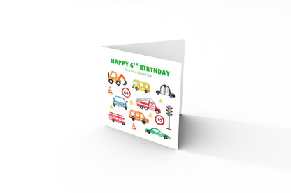 Happy 6th Birthday Card for Boys – Car Digger Bus Design, Boy Vehicle Birthday Card, Age 6 Years Old Birthday Card for Kids, Children, Boy, Son, Grandson, Nephew– Blue Envelope Included