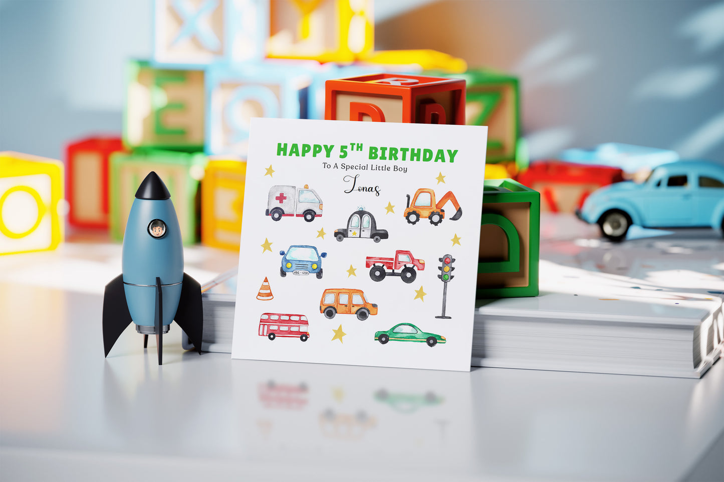Personalised 5th Birthday Card for Boys - Vehicles and Transport Birthday Card with Custom Name and Message for Age 5 Years Old Kids, Children, Boy, Son, Grandson, Nephew – Green Envelope Included